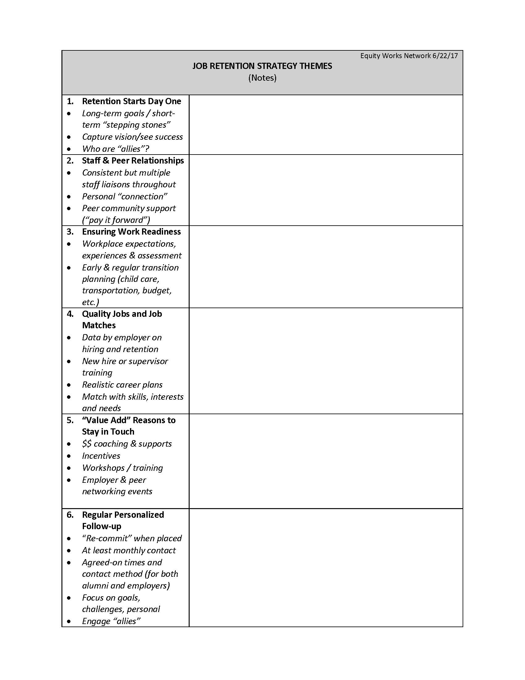 Job Retention Worksheet